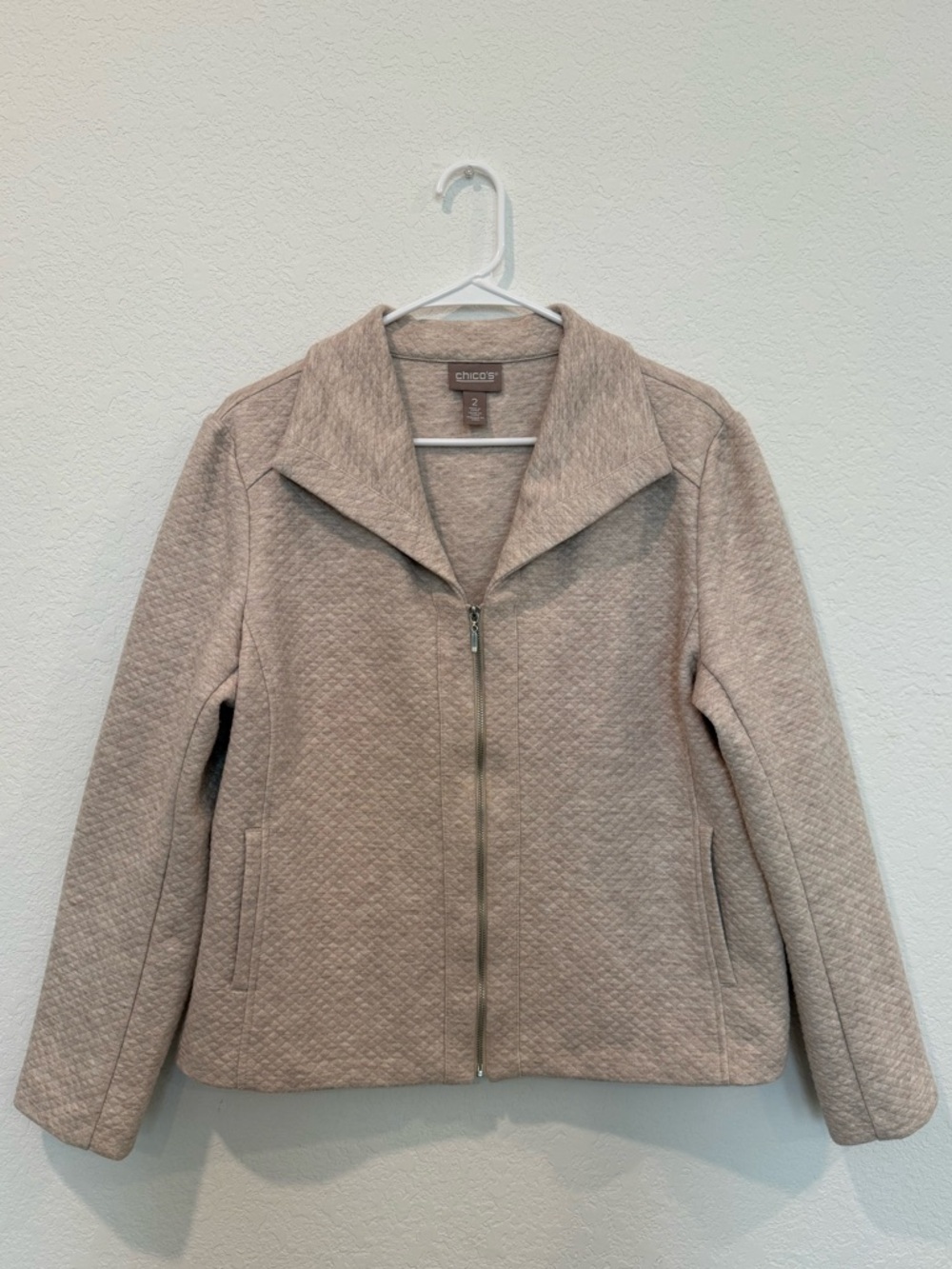 Chico's Quilted Zip-Front Bomber Jacket in Light Taupe